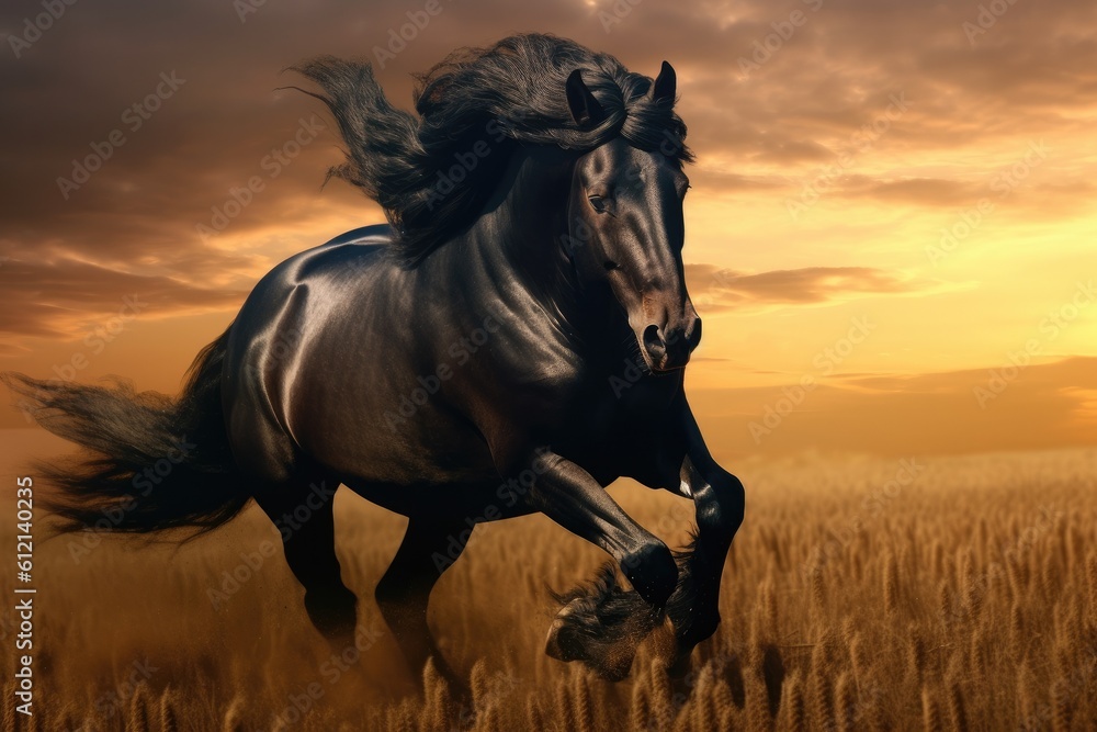 Wild Fresian horse in it's natural habitat - generative ai Wild Fresian horse in it's natural habitat - generative ai