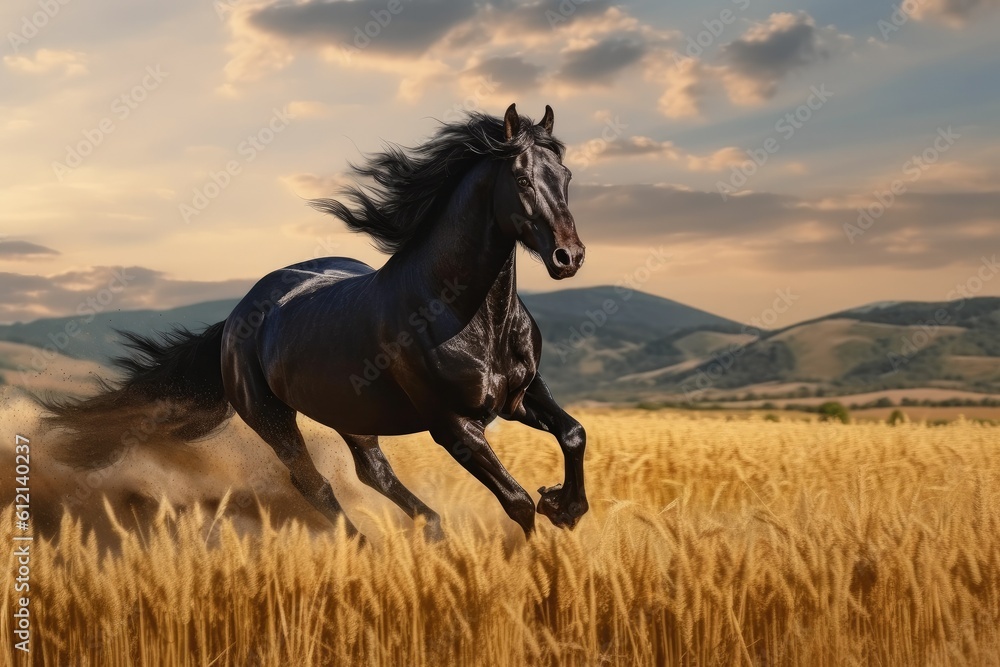 Wild Fresian horse in it's natural habitat - generative ai Wild Fresian horse in it's natural habitat - generative ai