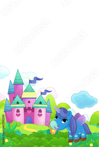 Fototapeta Naklejka Na Ścianę i Meble -  cartoon scene forest with happy pony horses castle illustration for children