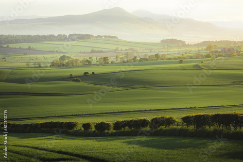 Scenic rolling landscape view across green pastoral farmland to Lomond Hills Regional Park and West Lomond Hill from outside of Kennoway, Fife, Scotland, UK. © Stephen