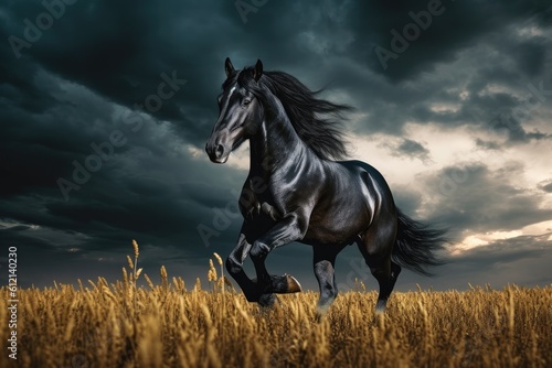 Wild Fresian horse in it's natural habitat - generative ai