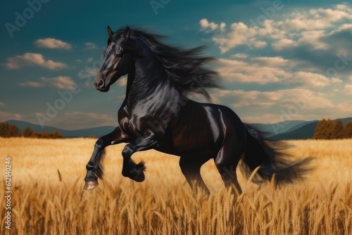 Wild Fresian horse in it's natural habitat - generative ai © ChaoticMind