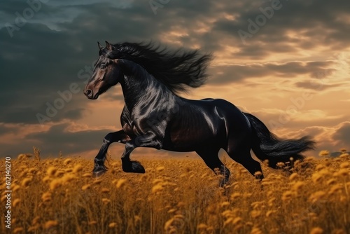 Wild Fresian horse in it's natural habitat - generative ai © ChaoticMind