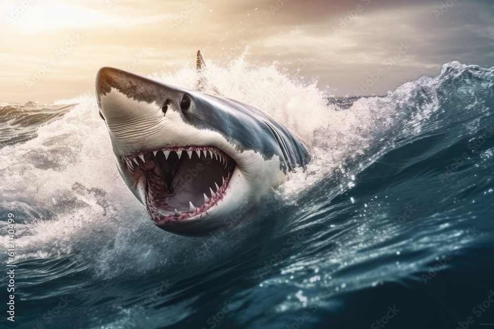 Fototapeta premium Big angry White shark in the ocean Generative AI