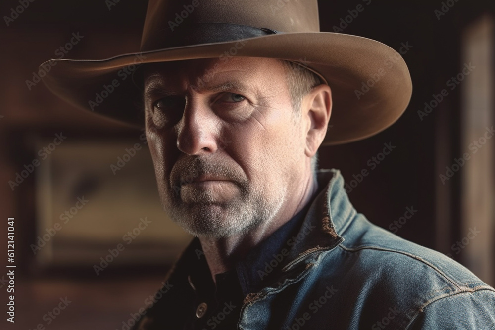Portrait of a tough looking cowboy in natural window light. Generative AI image. Portrait of a tough looking cowboy in natural window light. Generative AI image.