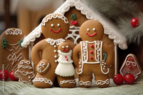 Christmas Gingerbread Couple and House Cookies. Homemade Holiday Treats with Gingerbread Man and Lady in Festive House Decoration: Generative AI
