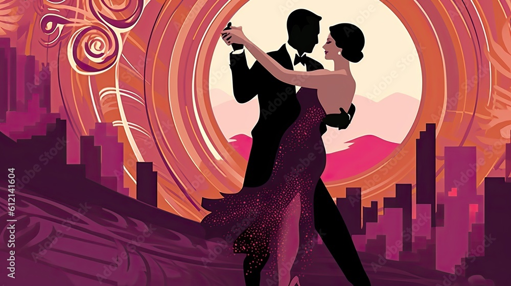 Naklejka premium Vintage Art Deco Couple Dancing. Roaring Twenties Nostalgia in Colorful Graphic Apple Green Background: Generative AI
