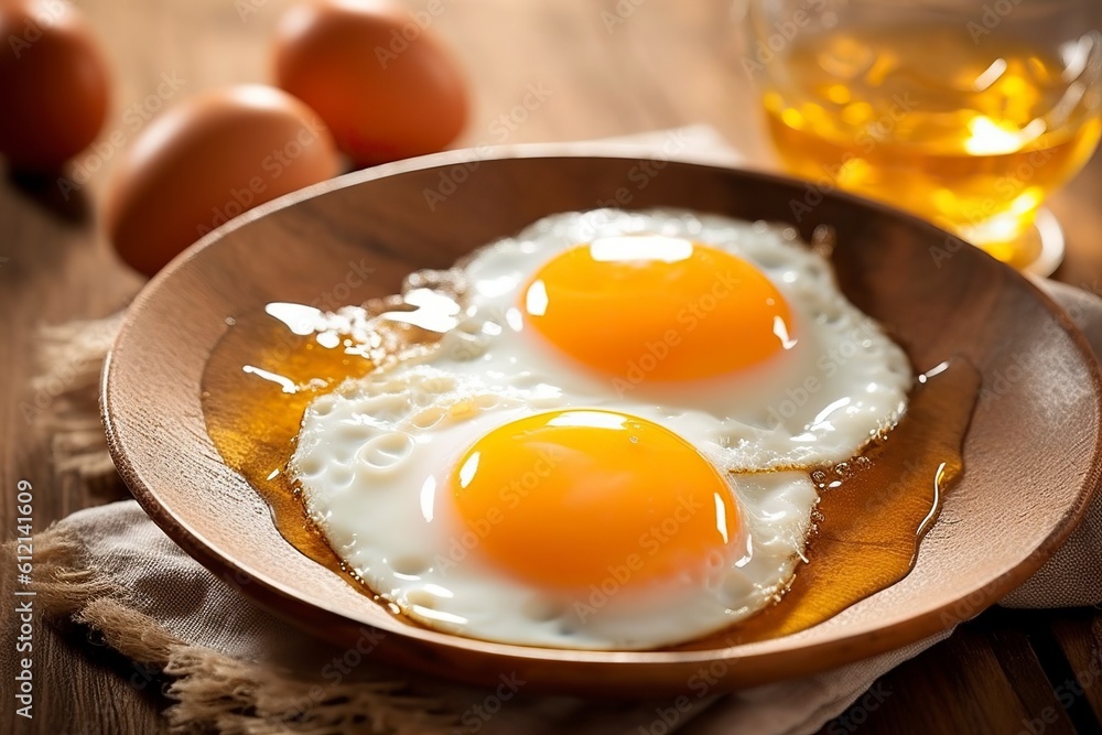 A plate with two delicious fried eggs with bread. Ai generated. A plate with two delicious fried eggs with bread. Ai generated.