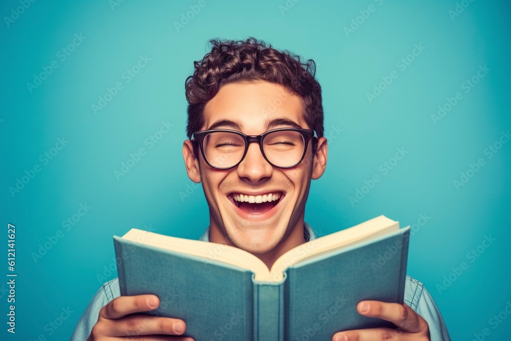 Young man laughs with a book in his hand. Ai generated. Young man laughs with a book in his hand. Ai generated.