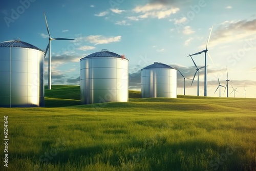 Wind turbines store electricity in large tanks of sodium salts. Ai generated.