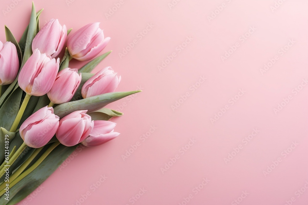 Flat pink background, with tulips in one corner, feminine design. Ai generated.