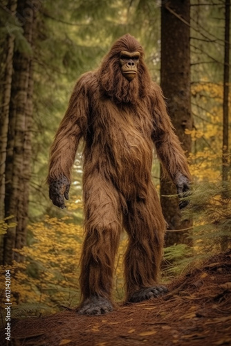 Illustration of a bigfoot or a mythic sasquatch standing in a dark forest. Generative AI. photo