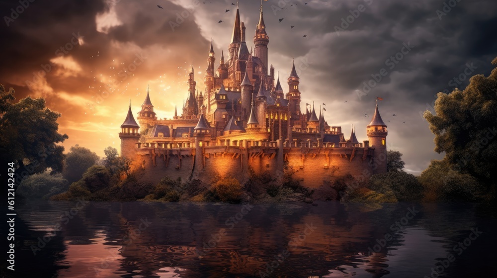 Beautiful enchanted magical castle in a fairy tale. Palace landscape on dreamy lake. Princess royalty.