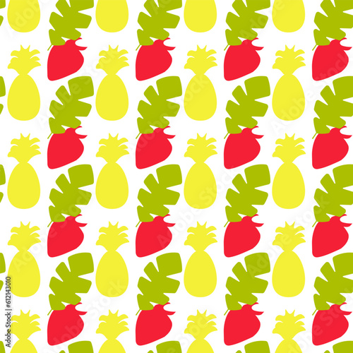 Fototapeta Naklejka Na Ścianę i Meble -  Seamless summer color pattern of abstract shapes.Silhouette of strawberry, pineapple, and palm leaf. Background design, packaging, fabric. Vector illustration...