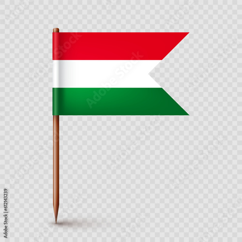Realistic Hungarian toothpick flag. Souvenir from Hungary. Wooden toothpick with paper flag. Location mark, map pointer. Blank mockup for advertising and promotions. Vector illustration