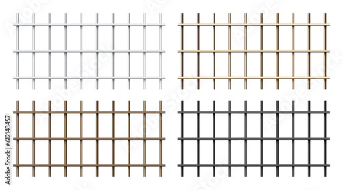Realistic shiny metal prison bars isolated on white background. Detailed jail cage, prison iron fence. Criminal background mockup. Vector illustration