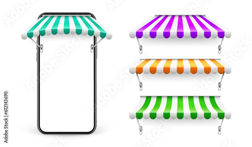 Smartphone with shop sunshade and metal mount, online internet shopping. Realistic striped cafe awning. Outdoor market tent. Roof canopy. Summer street store. Vector illustration