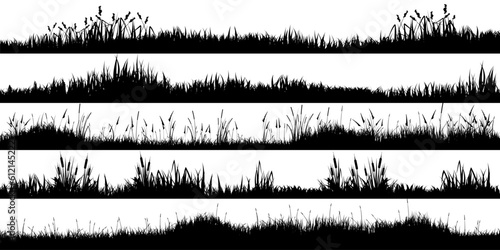 Meadow silhouettes with grass, plants on plain. Panoramic summer lawn landscape with herbs, various weeds. Herbal border, frame element. Black horizontal banners. Vector illustration