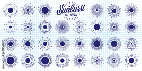 Hand drawn vintage sunburst, sunset beams on checkered paper sheet. Bursting sun, light rays. Logotype or lettering design element in retro style. School notebook for drawing. Vector illustration