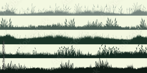 Meadow silhouettes with grass, plants on plain. Panoramic summer lawn landscape with herbs, various weeds. Herbal border, frame element. Green horizontal banners. Vector illustration
