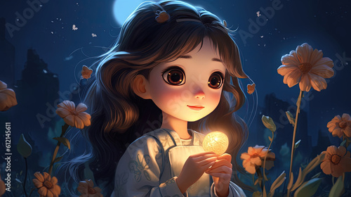 Cartoon character girl at night
