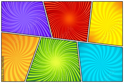 Colorful twisted comic book radial rays, lines. Comics background with motion, speed lines. Pop art style elements. Vector illustration