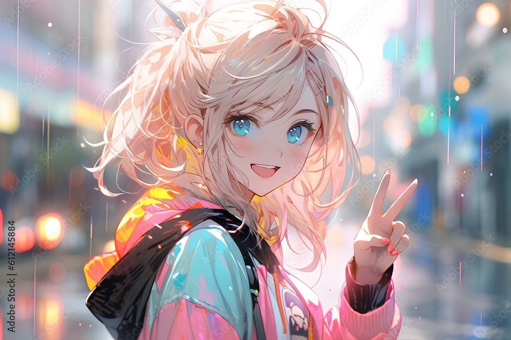 Obraz premium happy and beautiful anime girl smiling and showing a peace sign in the street, wearing a windbreaker, colorful art style. generative AI
