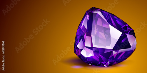 A big precious purple crystal like an amethyst with highlights and shadow on a color background. Faceted gemstone