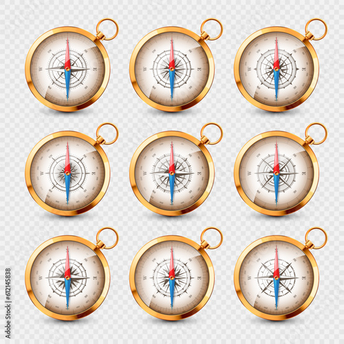 Vintage compass, marine wind rose with cardinal directions of North, East, South, West. Realistic golden navigational compass, shiny metal. Cartography and navigation. Vector illustration