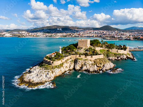 View from drone of Pigeon Island with medieval fort on Turkey's Aegean coast in Kusadasi © JackF