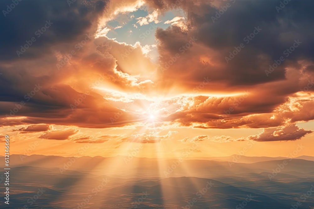 Sunset Sky with Sun Shining Through Clouds - Beautiful Scenic View of Sunbeam and Sunshine in the Air (3:2 aspect ratio): Generative AI