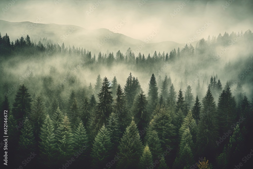Serene Misty Forest Landscape in Vintage Hipster Style - A Must-See Destination for Travelers and Nature Lovers: Generative AI