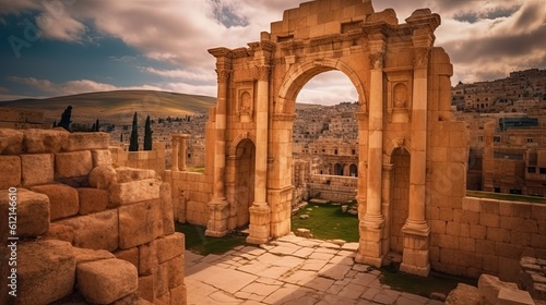 Discovering the Wonder of Jerash: View of the Ancient Nymphaeum Arch in the East Jordanian Town: Generative AI photo