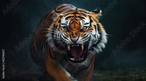 Furious Tiger Growling and Sprinting Aggressively in Wildlife Action Shot - Generative AI Technology Capture. Generative AI