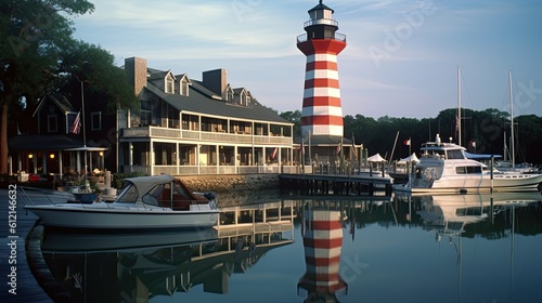 Heavenly Leuchtturm, Hilton Head Island: A Building from Port beside the Atlantic. Cafes and Boats add Charm to this Picture. Generative AI photo