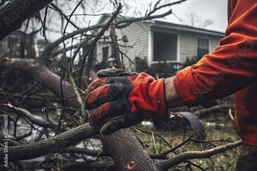 Fotografia In The Aftermath: Man Pulling Tree Branches with Red Gloves After Stormy Weather