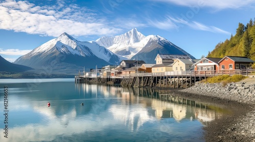 Haines, Alaska: An Enchanting Respite in the Southeast Panhandle with Historic Buildings Framed by Beautiful Blue Skies and Stunning Mountain Views: Generative AI photo