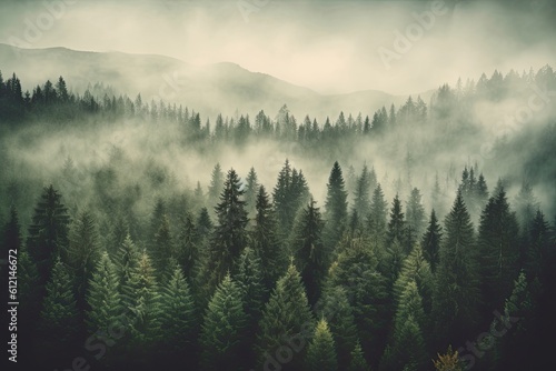 Serene Misty Forest Landscape in Vintage Hipster Style - A Must-See Destination for Travelers and Nature Lovers: Generative AI