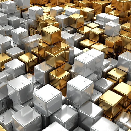 Wealthy Mining Concept of Gold  Platinum  and Silver Cubes on Abstract Background. 3D Modeled Illustration for Finance and Business Success  Generative AI