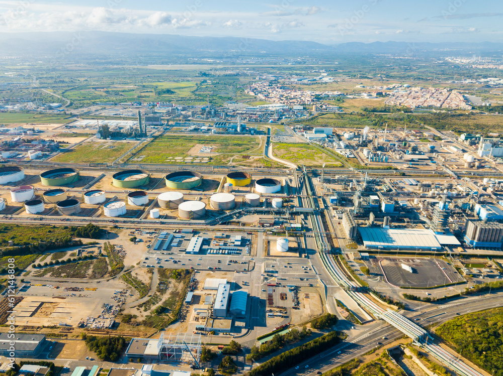 Aerial view of big industrial zone of chemical factory in Salou, Spain
