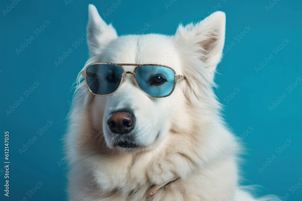 A playful and fun-loving white dog with stylish sunglasses, a cute and adorable pet. UV protection and fashion rolled into one. AI Generative. A playful and fun-loving white dog with stylish sunglasses, a cute and adorable pet. UV protection and fashion rolled into one. AI Generative.