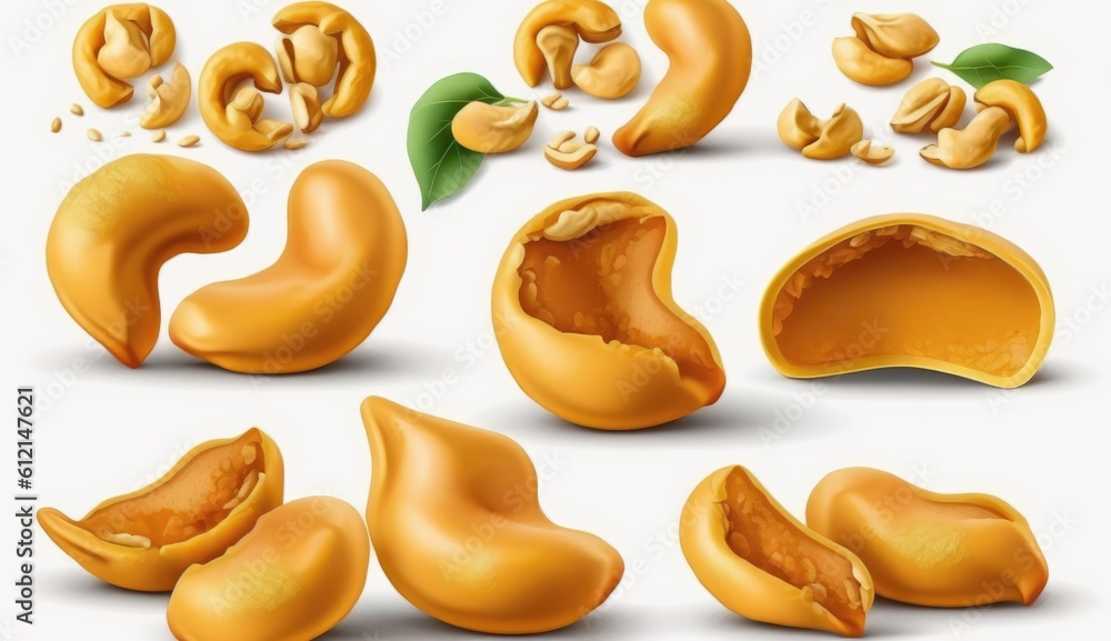 Set of roasted cashew nuts isolated