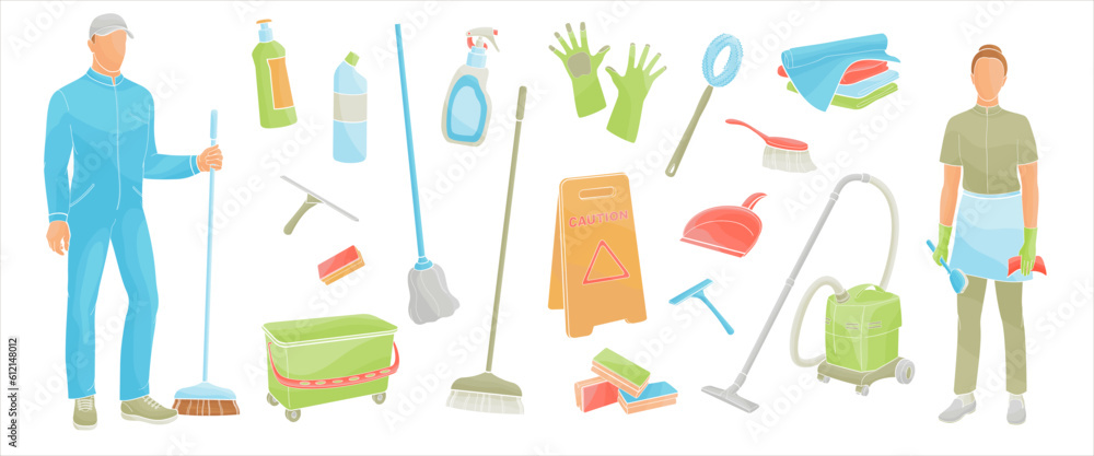 Cleaning service staff smiling characters on white background. House ...