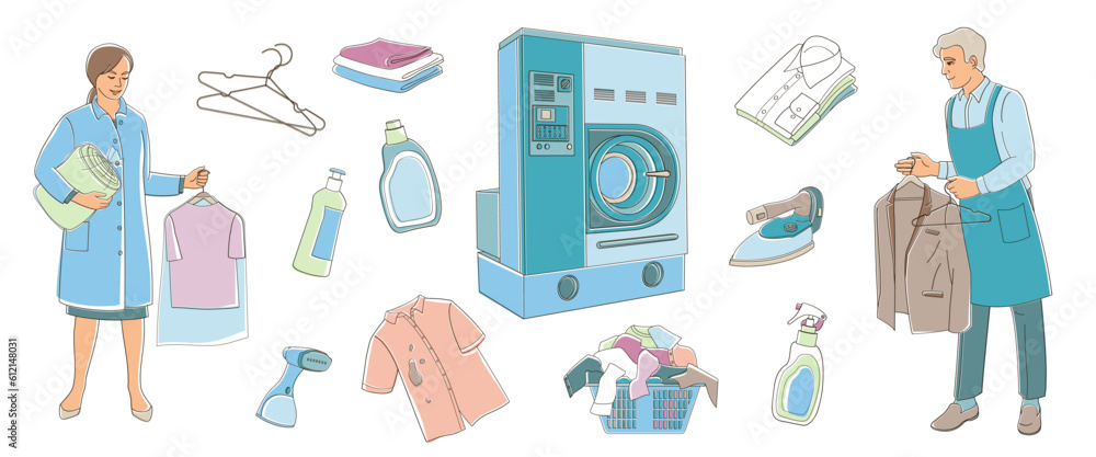dry Cleaning and laundry service staff smiling characters on white background in uniform and set elements about dry cleaning, color vector illustration dry Cleaning and laundry service staff smiling characters on white background in uniform and set elements about dry cleaning, color vector illustration