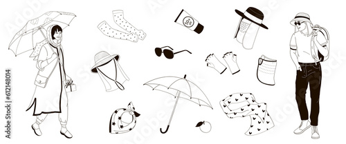 woman with umbrella  and man in a protective hat, set elements about protective measures against the solar radiation and UV ultraviolet in the city life