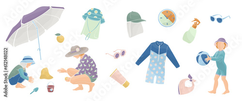 woman, boy and girl on the beach, set elements about protective measures against the solar radiation and UV ultraviolet on the beach for kids,color vector illustration