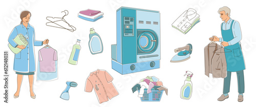 dry Cleaning and laundry service staff smiling characters on white background  in uniform and set elements about dry cleaning  color vector illustration
