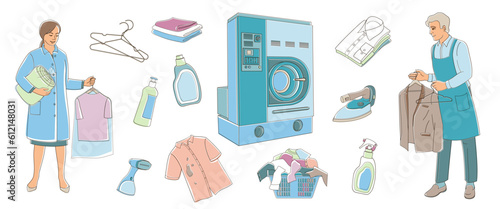 dry Cleaning and laundry service staff smiling characters on white background  in uniform and set elements about dry cleaning, color vector illustration