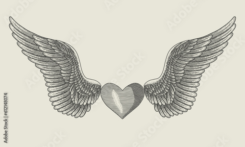 heart with angel wings ,  vintage engraving vector illustration
