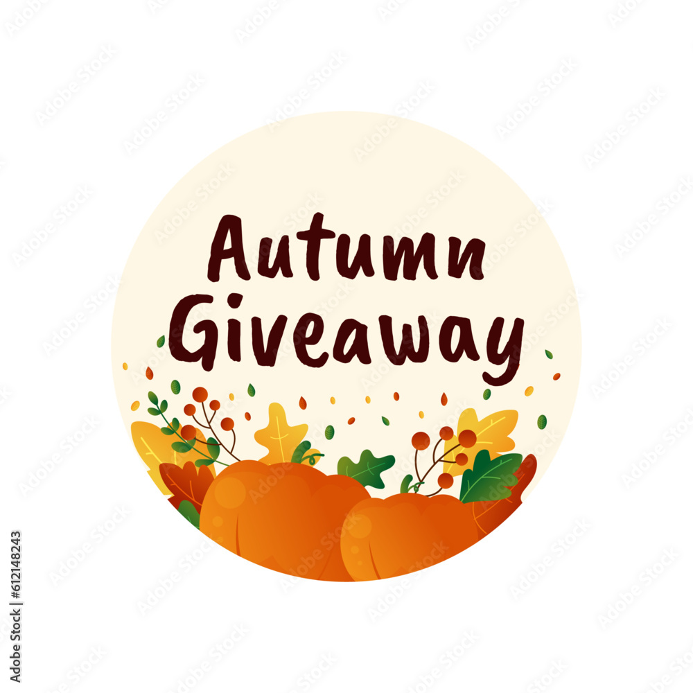 Autumn giveaway design with decorative pumpkins, acorns and colorful leaves on transparent background